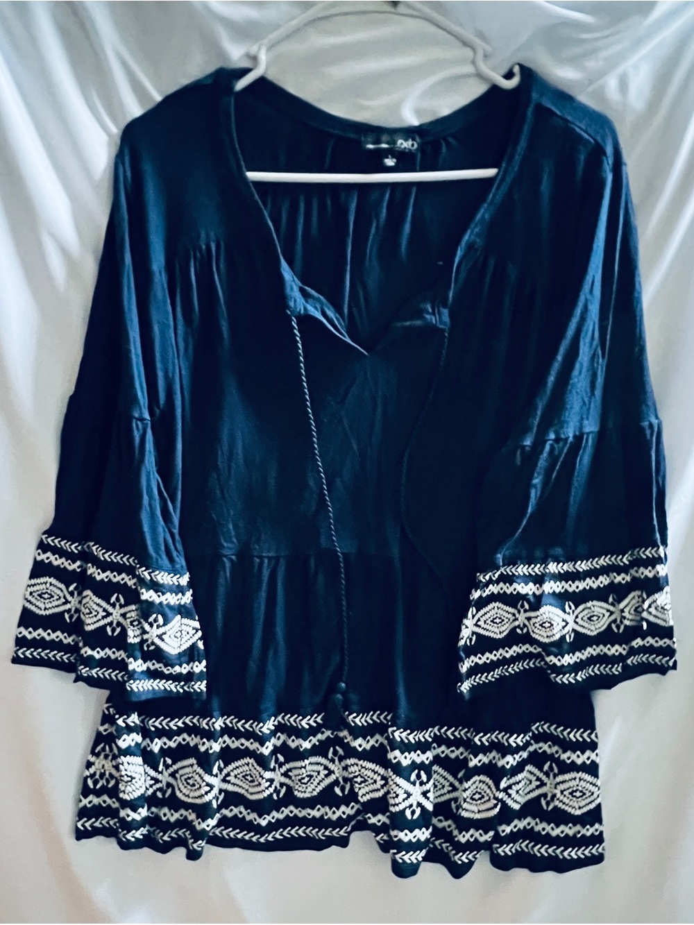 Black Boho Embroidered Bell Sleeve Blouse Peasant Tunic Top Large